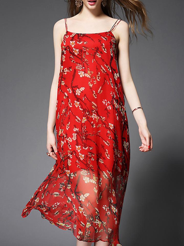 Shein Red Spaghetti Strap Floral Shift Dress
