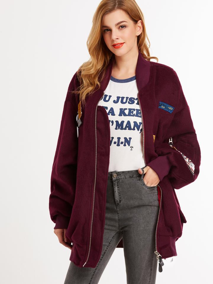 Shein Burgundy Ribbed Trim Drop Shoulder Embroidered Patch Jacket