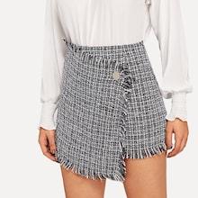 Shein Asymmetric Wrap Frayed Tweed Skirt