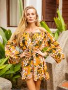 Shein Bardot Flounce Sleeve Drawstring Florals Dress