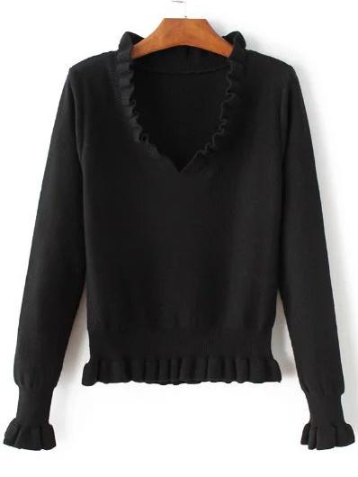 Shein Black Ruffle V Neck Peplum Sweater