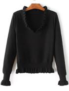 Shein Black Ruffle V Neck Peplum Sweater