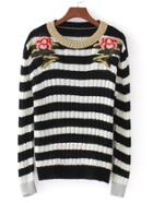 Shein Rose Embroidery Striped Jumper Sweater