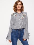 Shein Embroidered Flower Patch Tie Cuff Striped Blouse