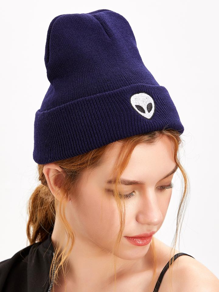 Shein Dark Purple Alien Embroidery Wacky Beanie Hat