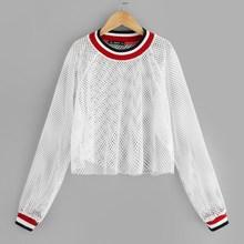 Shein Striped Trim Mesh Sheer Crop Sweatshirt