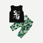 Shein Boys Letter Print Sleeveless Tee With Tropical Print Pants