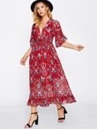 Shein Deep V Neckline Botanical Print Frill Hem Dress