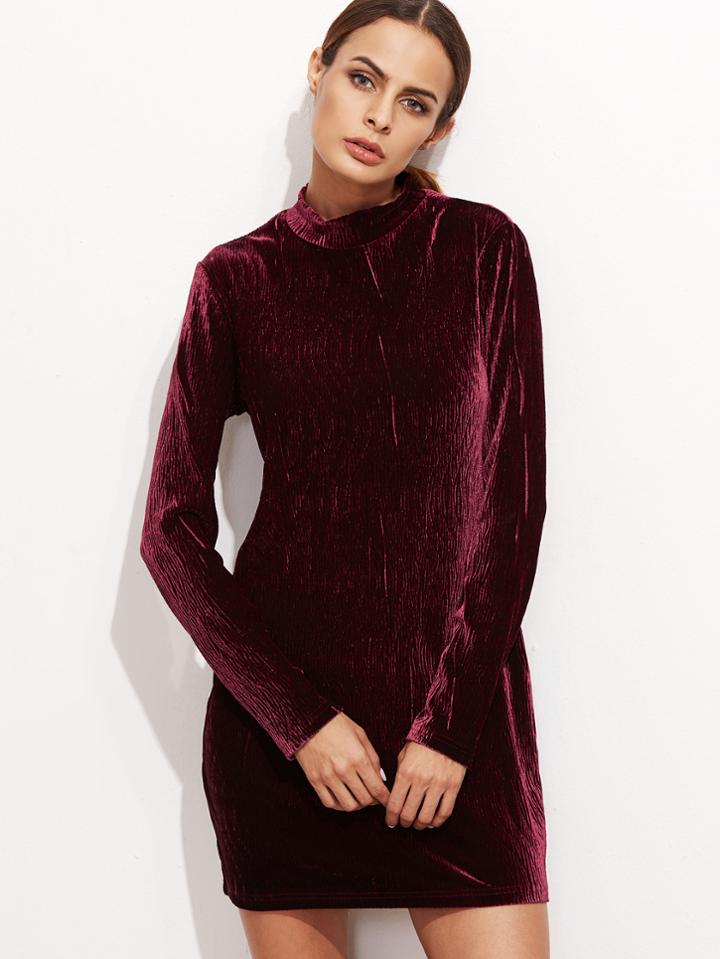 Shein Burgundy Mock Neck Keyhole Back Textured Velvet Dress