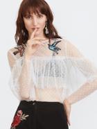Shein White Polka Dot Embroidered Mesh Ruffle Top