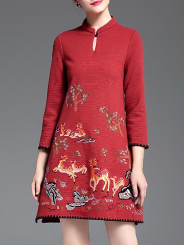 Shein Red Hollow Sika Deer Embroidered Shift Dress