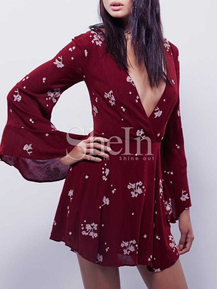 Shein Burgundy Long Sleeve Deep V Neck Embroidered Dress