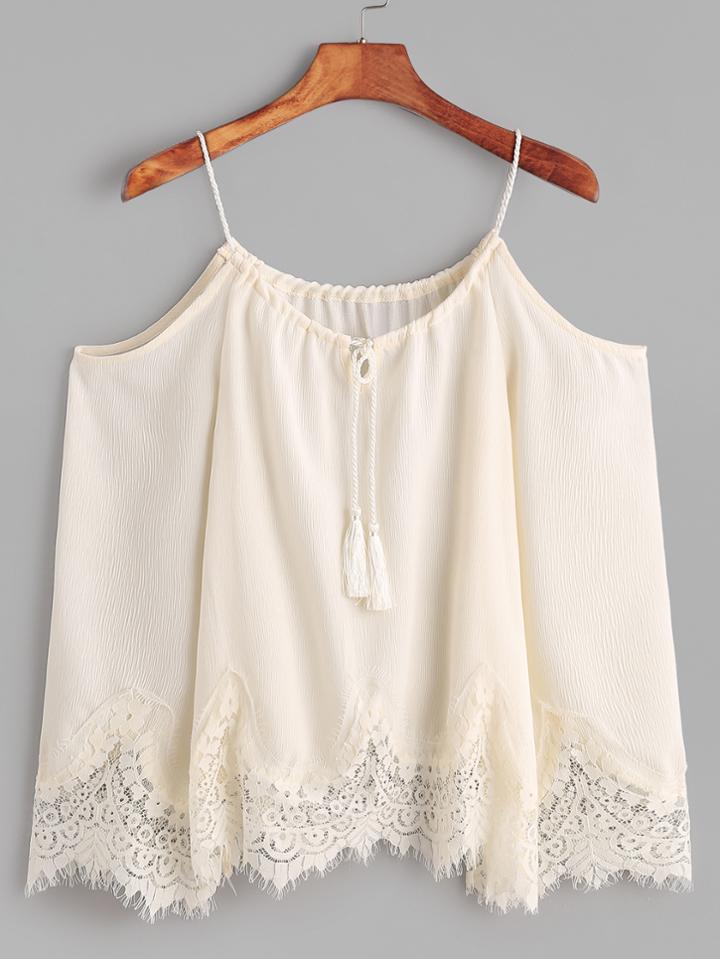 Shein Beige Cold Shoulder Contrast Eyelash Lace Tassel Tie Top