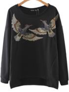 Shein Black Bird Embroidery Slim Sweatshirt