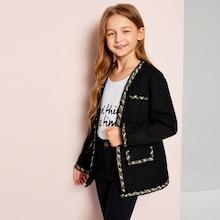 Shein Girls Open Front Contrast Trim Tweed Coat