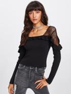 Shein Lace Shoulder Ruffle Ribbed Knit Tee