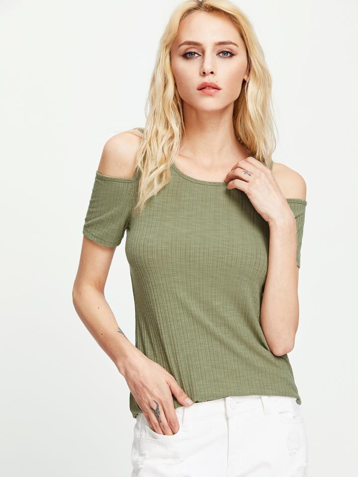Shein Open Shoulder Rib Knit T-shirt