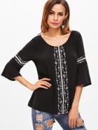 Shein Black Bell Sleeve Embroidered Blouse