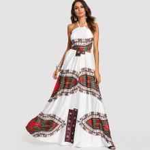 Shein Ornate Print Crisscross Knot Back Halter Dress