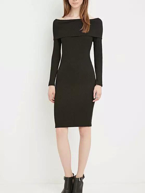Shein Black Off The Shoulder Ribbed Pencil Dress