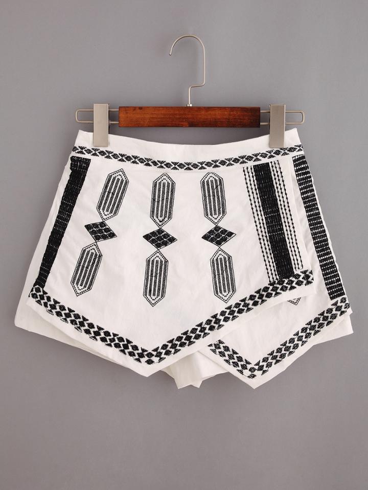 Shein Embroidered Cross Wrap Asymmetric Shorts - White