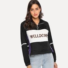 Shein Zip Front Raglan Sleeve Letter Hoodie