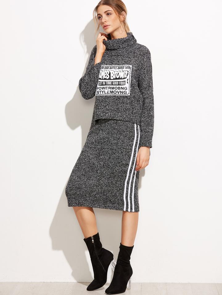Shein Turtleneck Letters Patch Sweater With Skirt