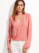 Shein Pink Cut Out Choker Neck Wrap Blouse