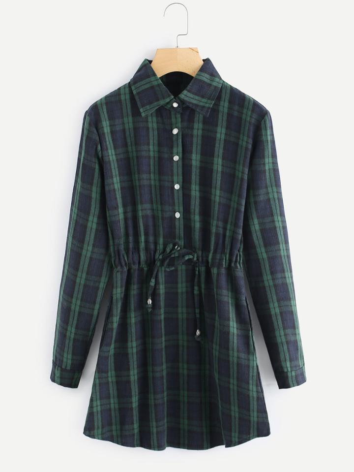 Shein Checked Drawstring Waist Shirt Dress