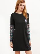 Shein Black Tribal Print Pocket And Sleeve Tee Dress