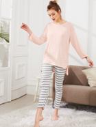 Shein Dip Hem Solid Tee & Striped Pants Pj Set