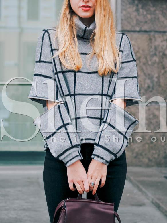 Shein Grey Plaid High Neck Ripped Sweatshirt