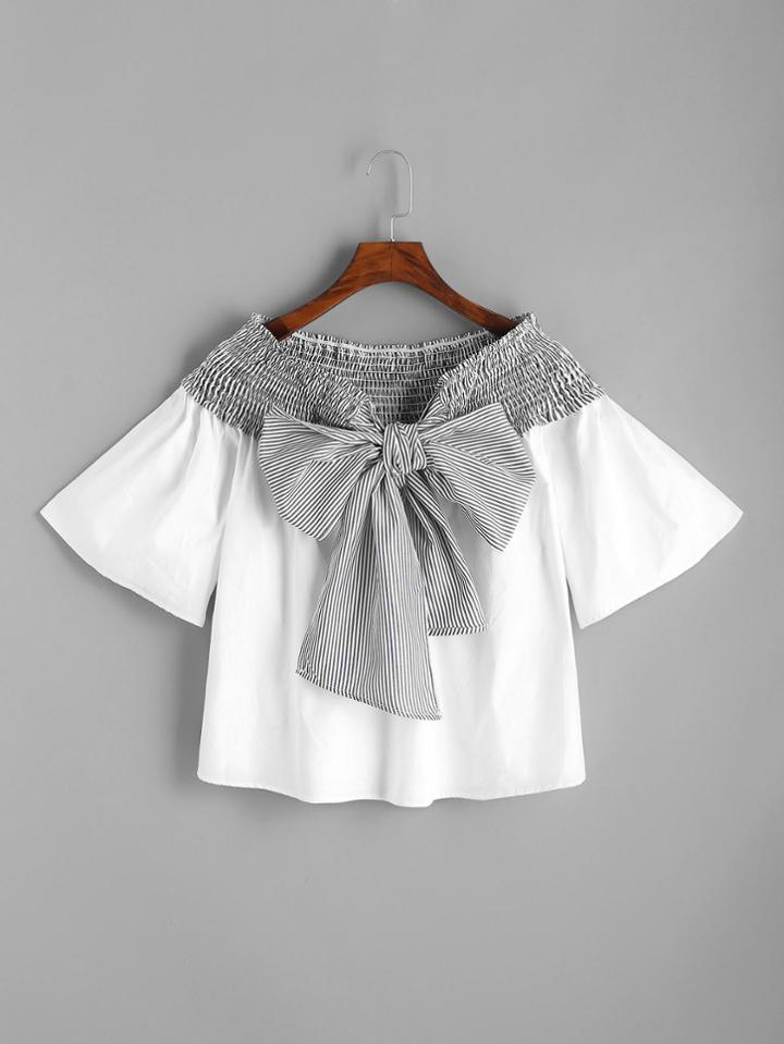 Shein Boat Neckline Pinstripe Bow Tie Top