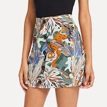 Shein Tiger And Tropical Print Button Decoration Skirt