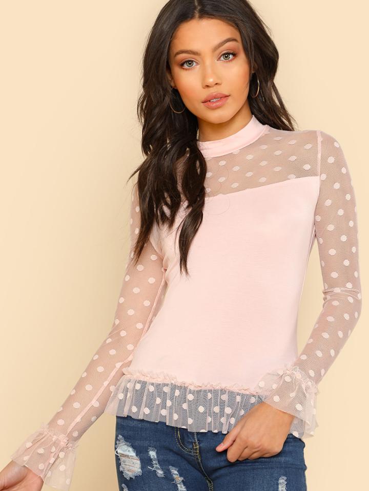 Shein Polka Dot Mesh Shoulder And Hem T-shirt