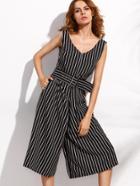 Shein Black Vertical Striped Belted Wide Leg Jumpsuit