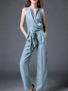 Shein Blue V Neck Tie-waist Pockets Jumpsuit