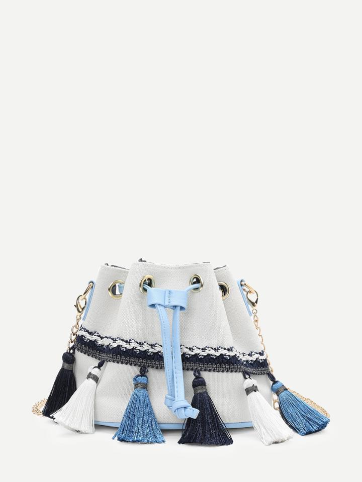 Shein Tassel Around Woven Detail Bucket Bag