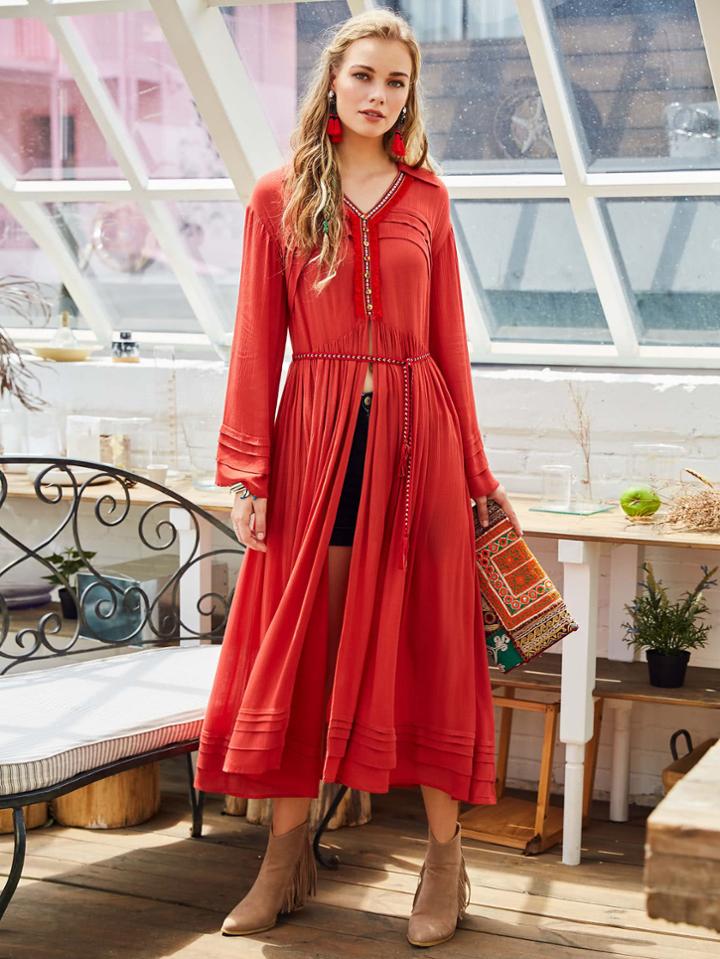 Shein Fringe Trim Slit Waist Tiered Pleated Dress