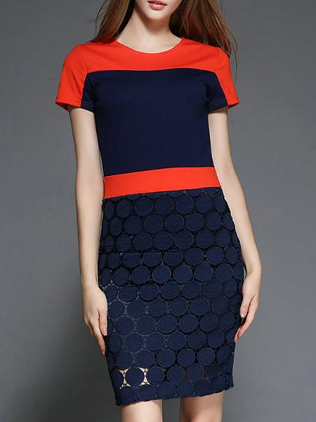Shein Orange Round Neck Short Sleeve Contrast Lace Dress
