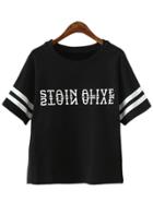 Shein Black Short Sleeve Stripe Letter Printed T-shirt