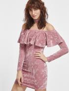 Shein Pink Off The Shoulder Crushed Velvet Dress With Choker
