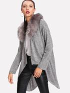 Shein Detachable Faux Fur Collar High Low Cardigan
