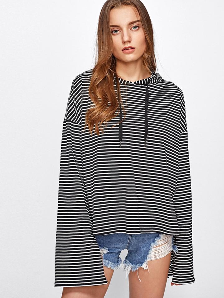 Shein Drop Shoulder Fluted Sleeve Striped Hoodie