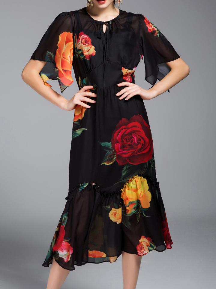 Shein Black Tie Neck Rose Print Dress