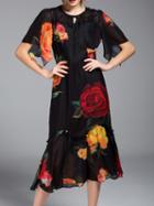 Shein Black Tie Neck Rose Print Dress