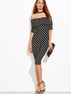 Shein Black Polka Dot Print Foldover Off The Shoulder Dress