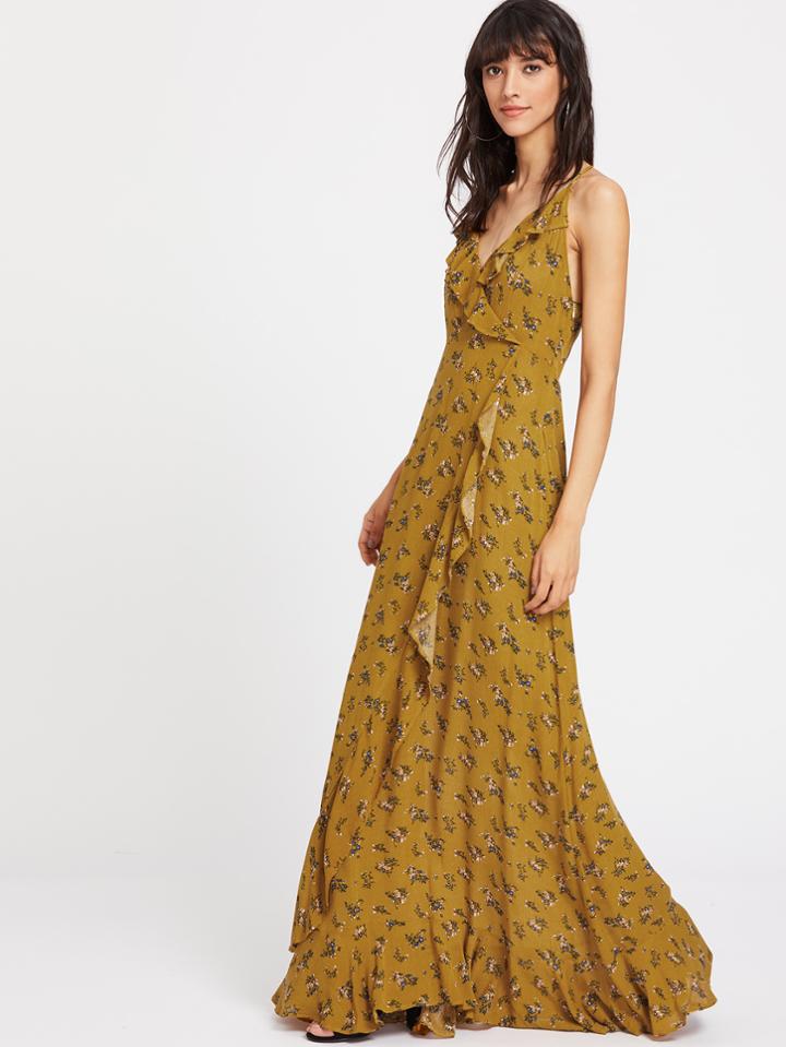 Shein Surplice Lace Up Back Frilled Ditsy Cami Dress