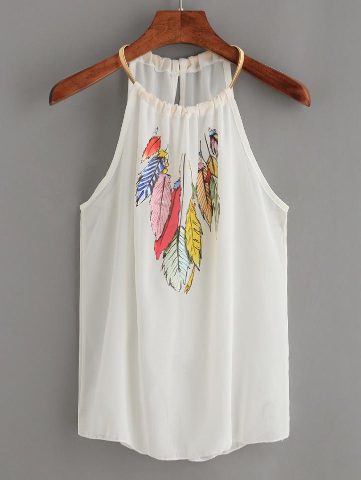 Shein White Keyhole Halter Neck Feather Print Top
