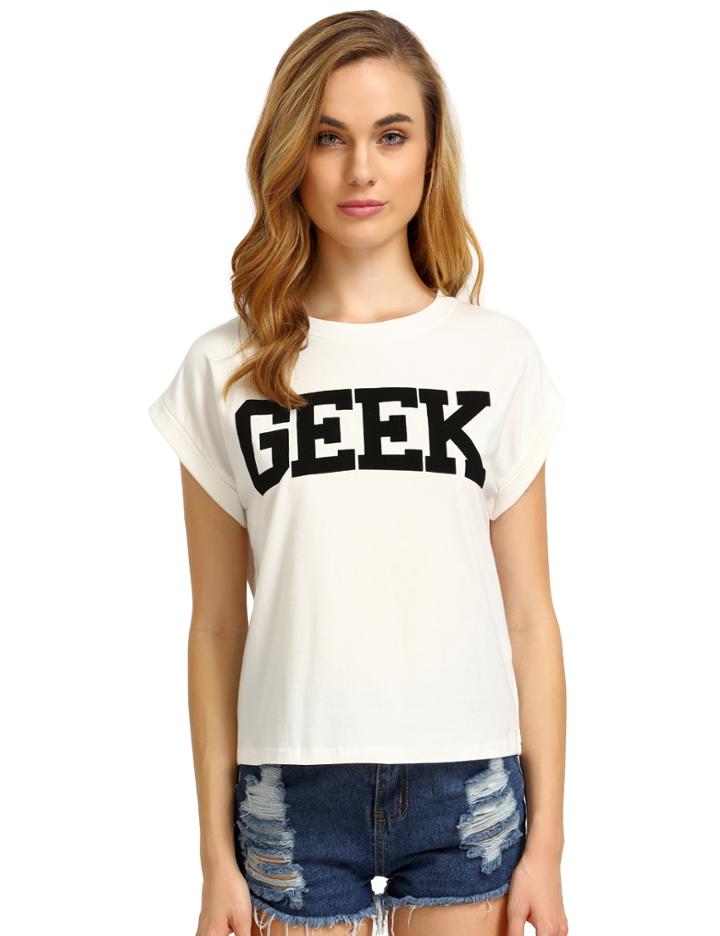 Shein Cream Short Sleeve Geek Print Crop T-shirt
